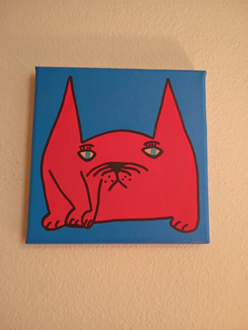 Whimsical Cat Painting Folk Art Acrylic On Canvas Red Blue In Room Decoration